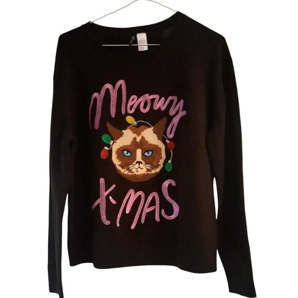 H&M Novelty Embroidered  "Meowy X-Mas" Black Knit Sweater womens sz Medium - Picture 2 of 6